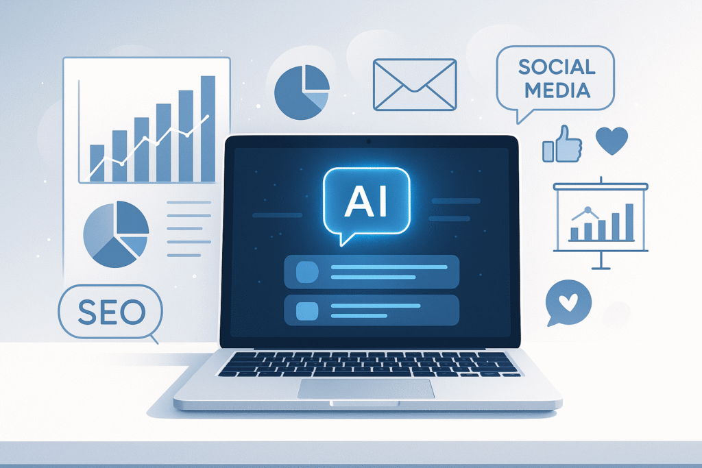 A modern digital marketing workspace with a sleek laptop open to an AI chat interface (like ChatGPT), surrounded by marketing elements such as graphs, pie charts, SEO icons, email icons, and social media symbols. The scene is clean, tech-savvy, and minimalistic with a professional blue and white color palette. Soft lighting, futuristic digital glow on the screen, with a touch of creative brainstorming atmosphere. Ideal for blog header or editorial feature. z