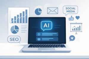 A modern digital marketing workspace with a sleek laptop open to an AI chat interface (like ChatGPT), surrounded by marketing elements such as graphs, pie charts, SEO icons, email icons, and social media symbols. The scene is clean, tech-savvy, and minimalistic with a professional blue and white color palette. Soft lighting, futuristic digital glow on the screen, with a touch of creative brainstorming atmosphere. Ideal for blog header or editorial feature. z
